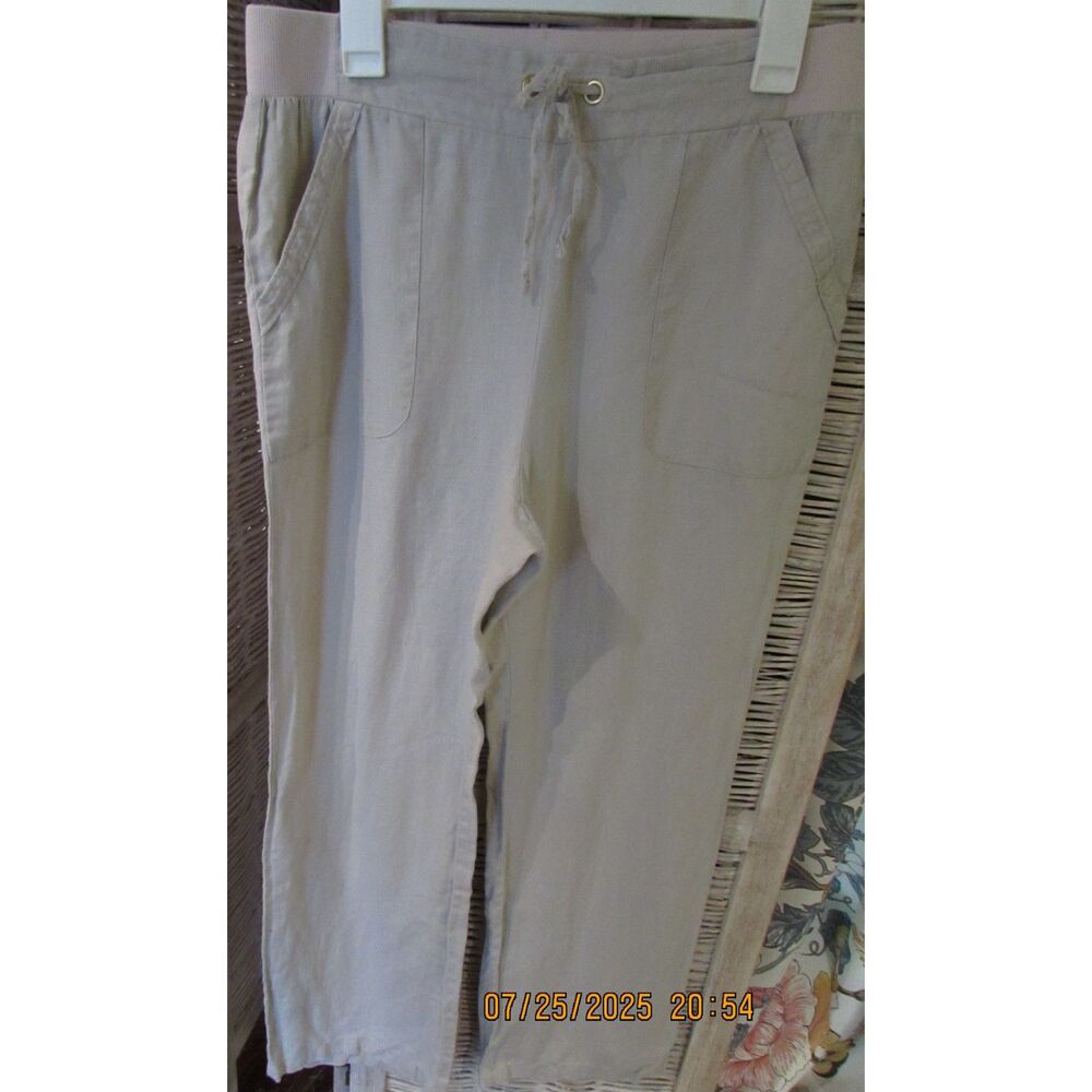 Ellen Tracy 100% linen pants women's size M tan, beige stretch waist pockets